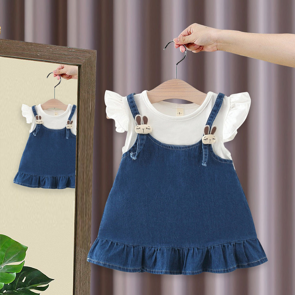 Girls Denim Pinafore Dress & Ruffle Sleeve Top Set – Cute Casual Outfit