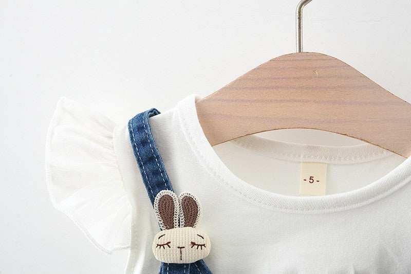 Girls Denim Pinafore Dress & Ruffle Sleeve Top Set – Cute Casual Outfit