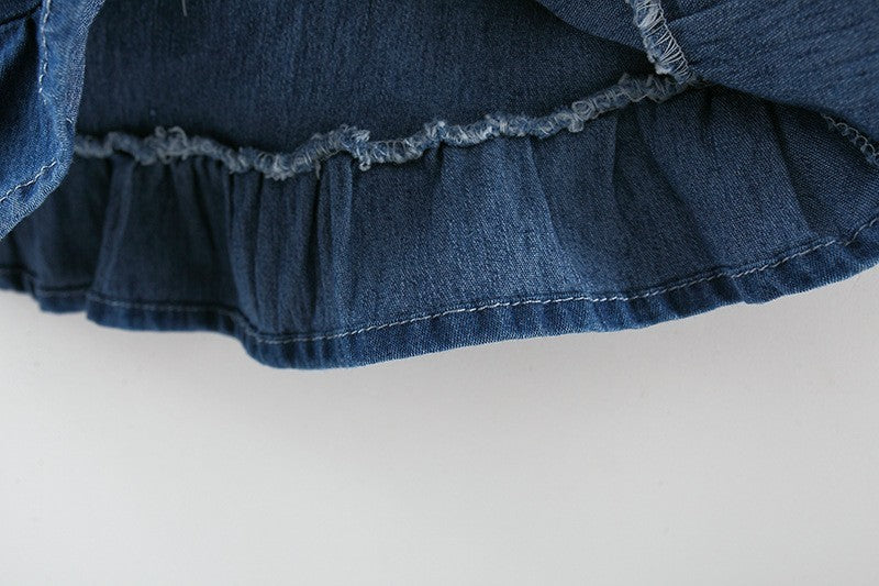 Girls Denim Pinafore Dress & Ruffle Sleeve Top Set – Cute Casual Outfit