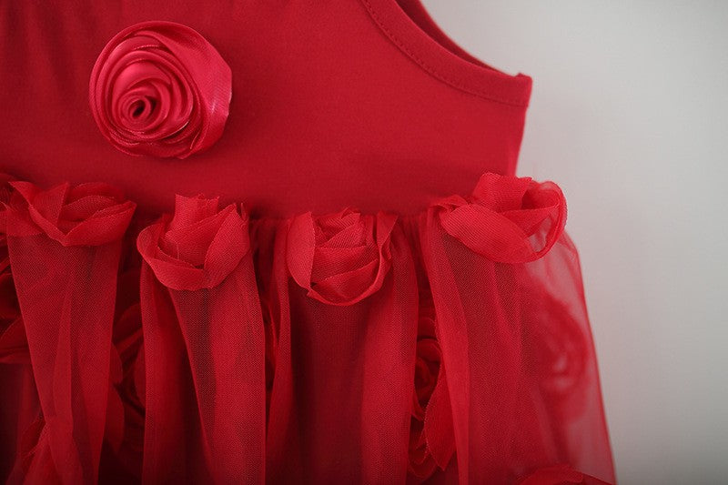 Girls Red Rose Tulle Dress – Elegant Floral Party & Special Occasion Outfit