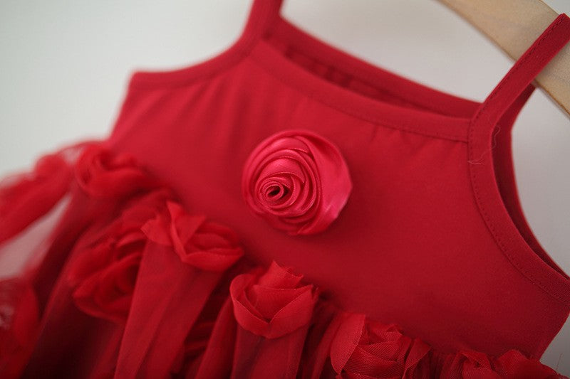 Girls Red Rose Tulle Dress – Elegant Floral Party & Special Occasion Outfit