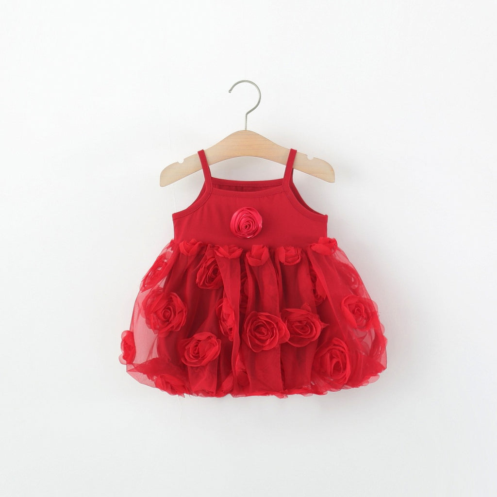 Girls Red Rose Tulle Dress – Elegant Floral Party & Special Occasion Outfit