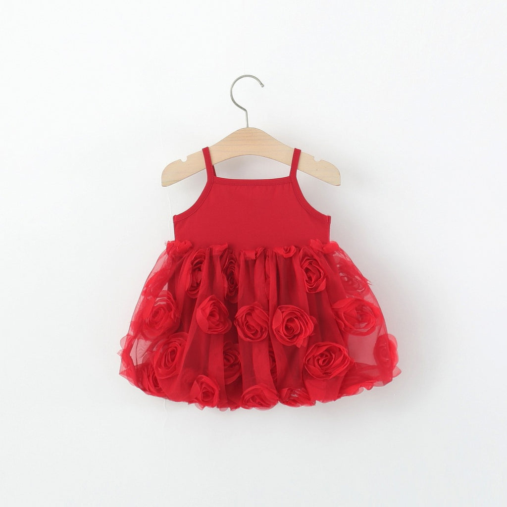 Girls Red Rose Tulle Dress – Elegant Floral Party & Special Occasion Outfit