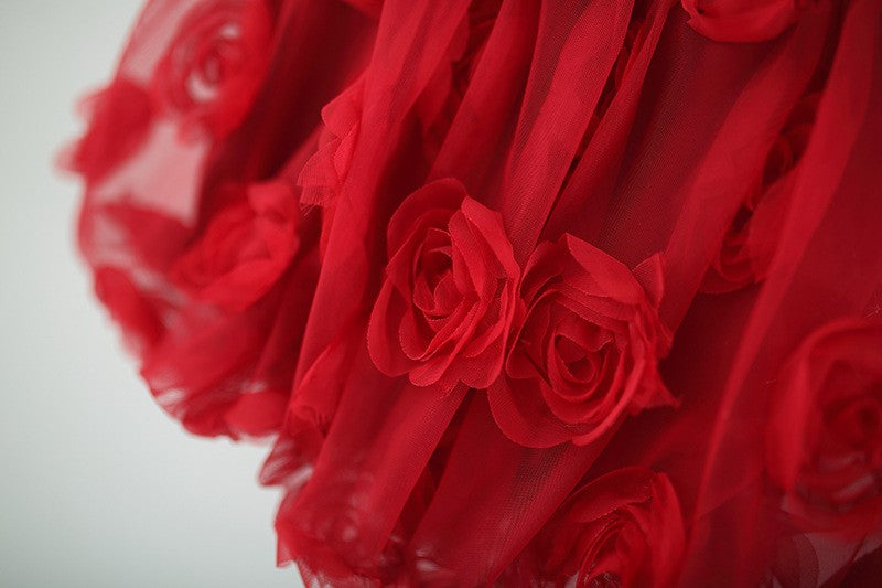Girls Red Rose Tulle Dress – Elegant Floral Party & Special Occasion Outfit