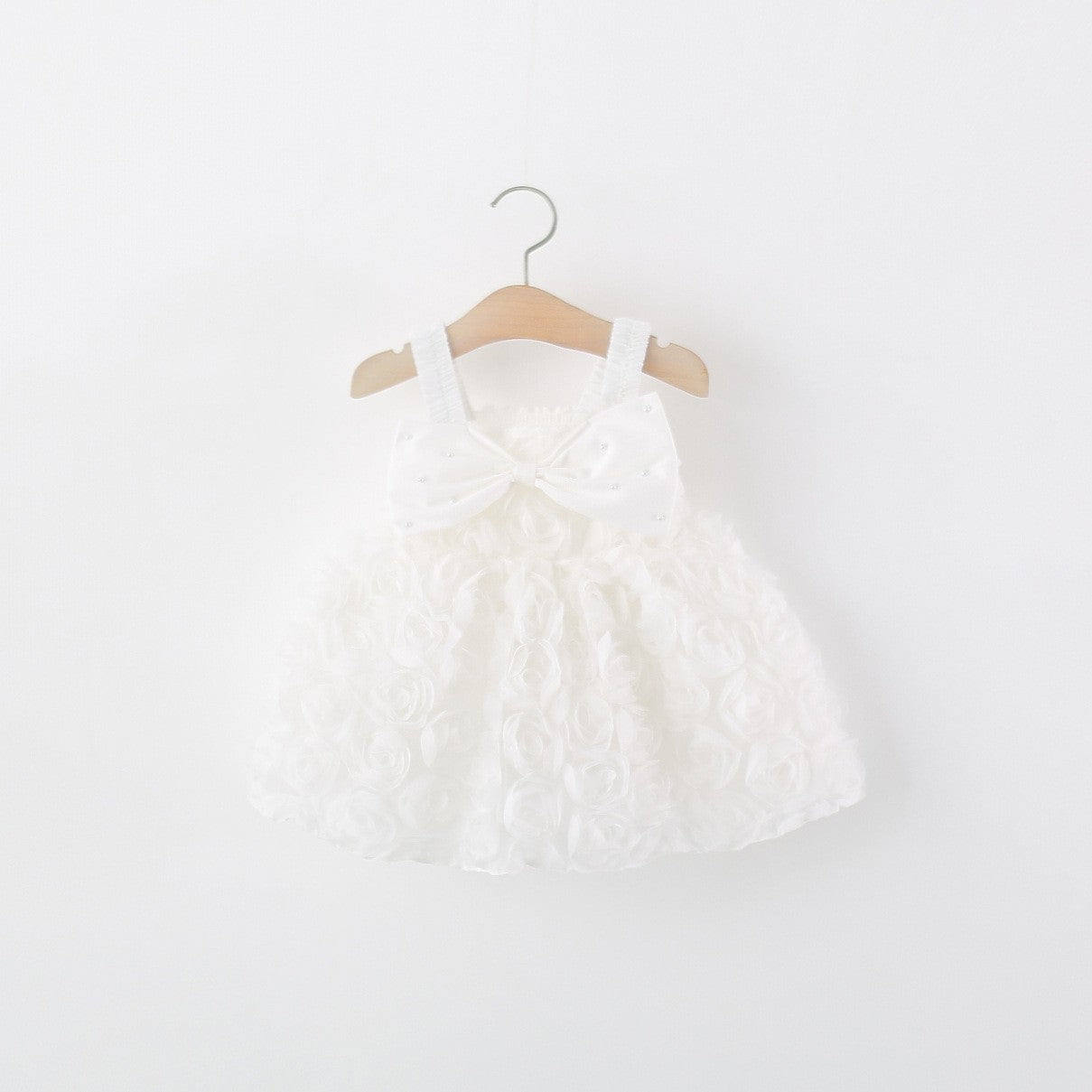 Girls’ Elegant White Bow Dress | Sleeveless Floral Rosette Party Dress for Baby & Toddler Girls