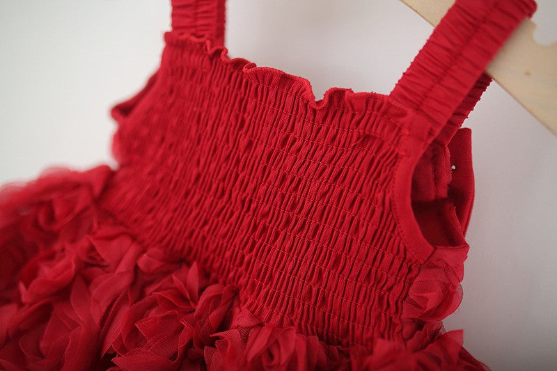Girls Red Rose Tulle Dress – Elegant Floral Party & Special Occasion Outfit