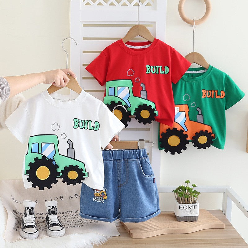 Kids White Tractor T-Shirt & Blue Denim Shorts Set | Cute Construction Print Outfit for Boys