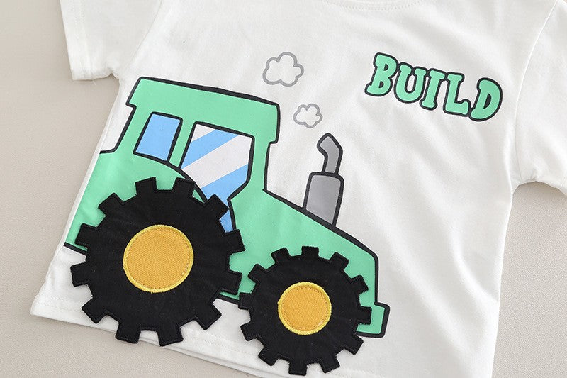 Kids White Tractor T-Shirt & Blue Denim Shorts Set | Cute Construction Print Outfit for Boys