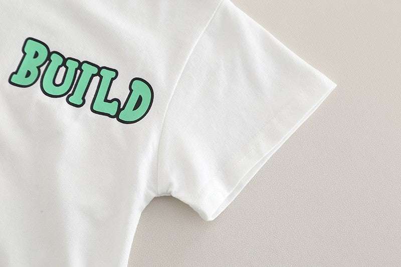 Kids White Tractor T-Shirt & Blue Denim Shorts Set | Cute Construction Print Outfit for Boys
