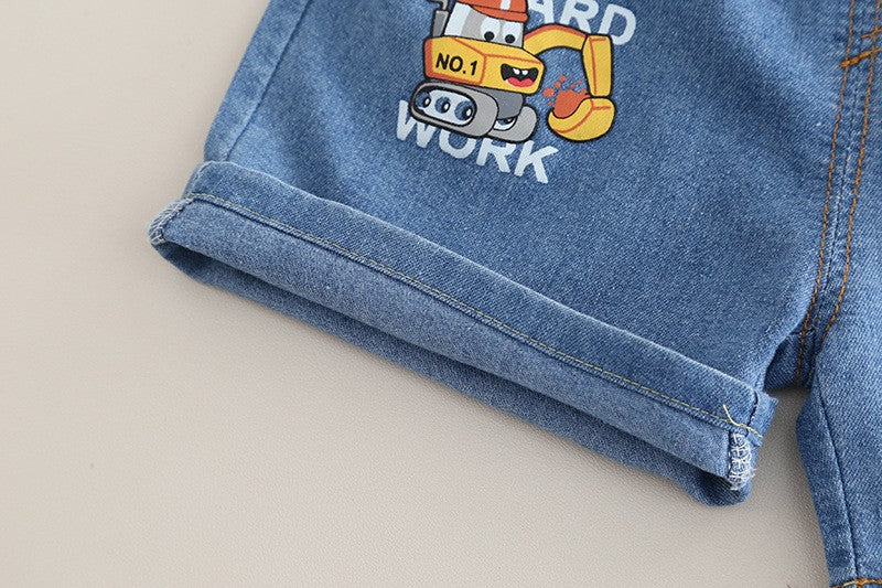 Kids White Tractor T-Shirt & Blue Denim Shorts Set | Cute Construction Print Outfit for Boys