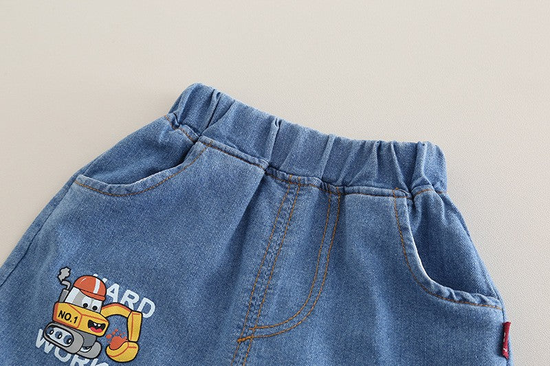 Kids White Tractor T-Shirt & Blue Denim Shorts Set | Cute Construction Print Outfit for Boys