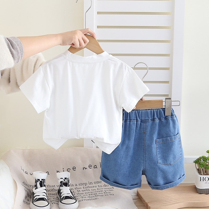 Kids White Tractor T-Shirt & Blue Denim Shorts Set | Cute Construction Print Outfit for Boys