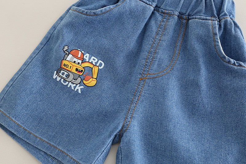 Kids White Tractor T-Shirt & Blue Denim Shorts Set | Cute Construction Print Outfit for Boys