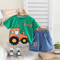 Kids Green Tractor T-Shirt & Blue Denim Shorts Set | Cute Construction Print Outfit for Boys