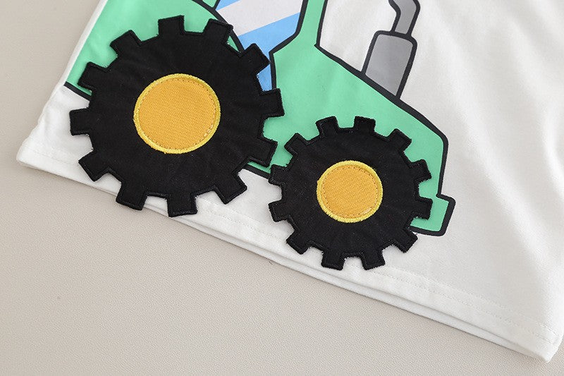 Kids White Tractor T-Shirt & Blue Denim Shorts Set | Cute Construction Print Outfit for Boys
