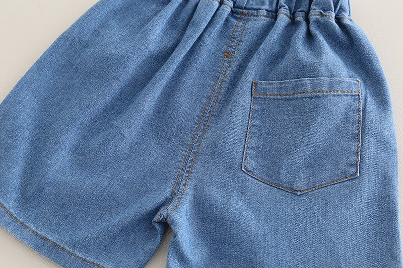 Kids White Tractor T-Shirt & Blue Denim Shorts Set | Cute Construction Print Outfit for Boys