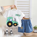 Kids White Tractor T-Shirt & Blue Denim Shorts Set | Cute Construction Print Outfit for Boys