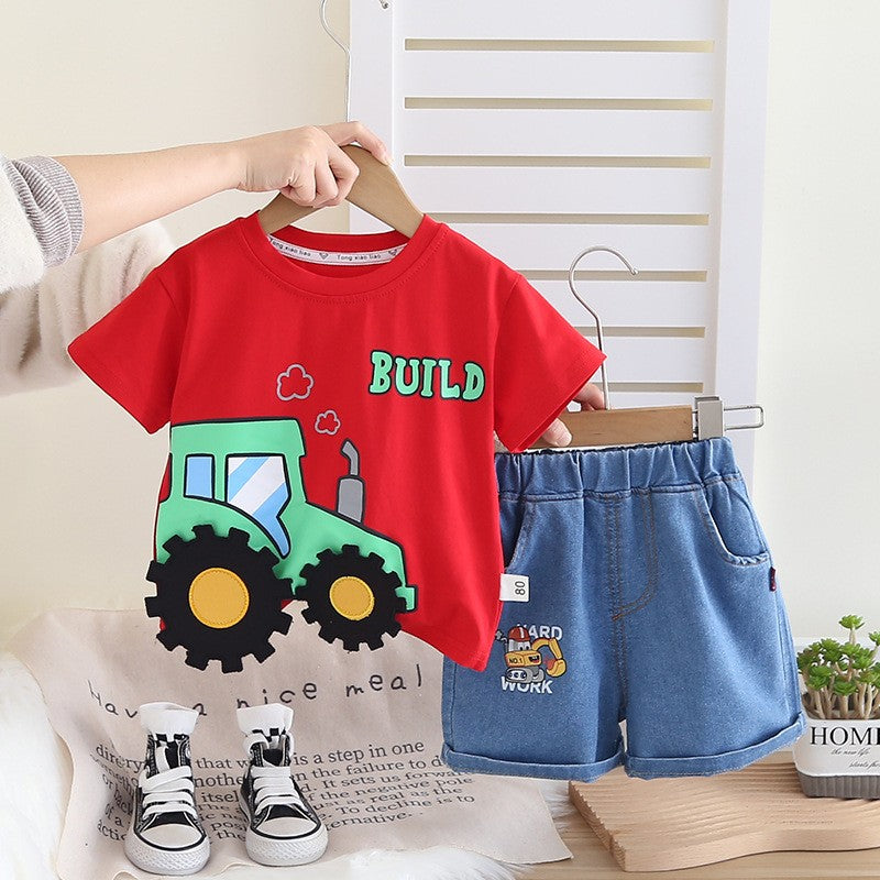 Kids Red Tractor T-Shirt & Blue Denim Shorts Set | Cute Construction Print Outfit for Boys