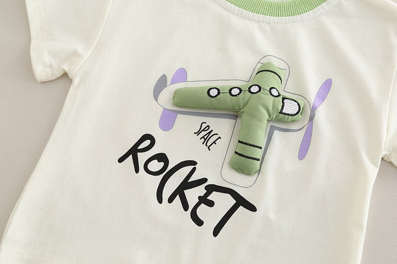 Boys Space Rocket Graphic T-Shirt & Denim Shorts Set – Cute Casual Summer Outfit