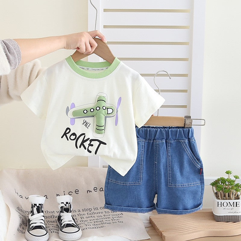 Boys Space Rocket Graphic T-Shirt & Denim Shorts Set – Cute Casual Summer Outfit