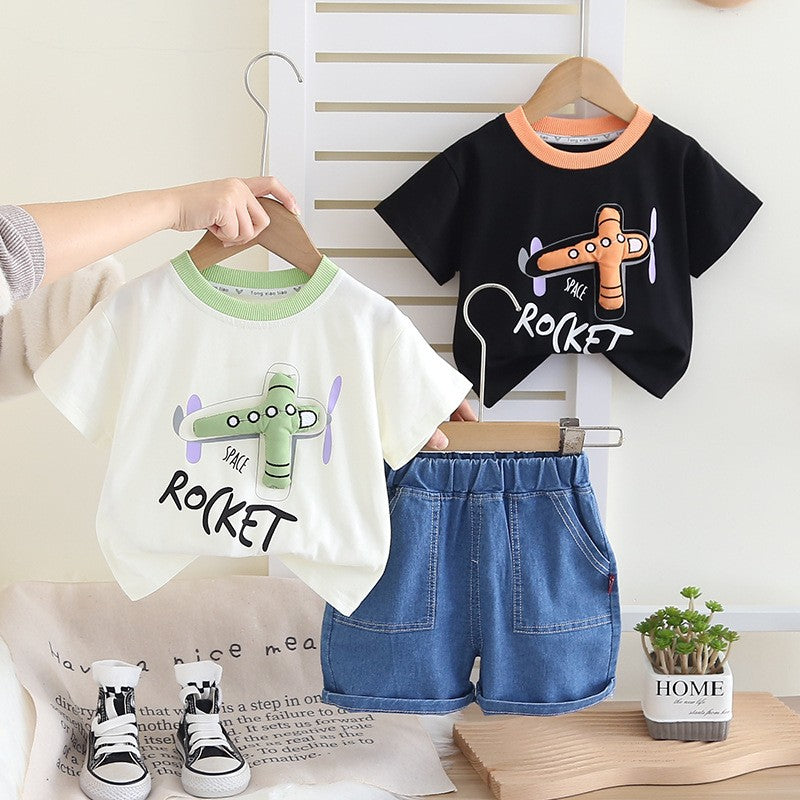Boys Space Rocket Graphic T-Shirt & Denim Shorts Set – Cute Casual Summer Outfit