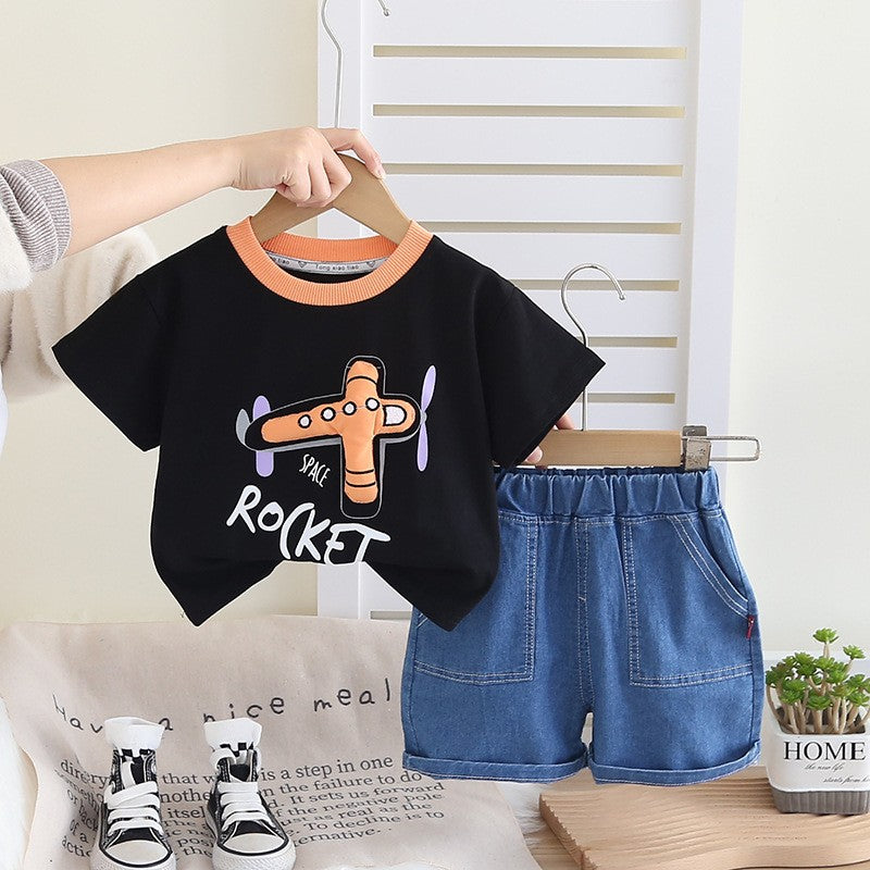 Kids Black T-Shirt & Blue Denim Shorts Set | Cute Rocket Print Outfit for Boys