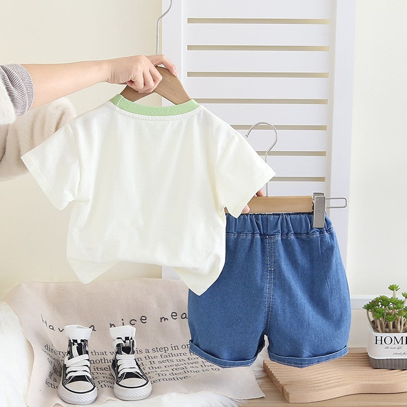 Boys Space Rocket Graphic T-Shirt & Denim Shorts Set – Cute Casual Summer Outfit