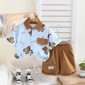 Boys Blue Bear Print Shirt & Brown Shorts Set – Cute Casual Summer Outfit