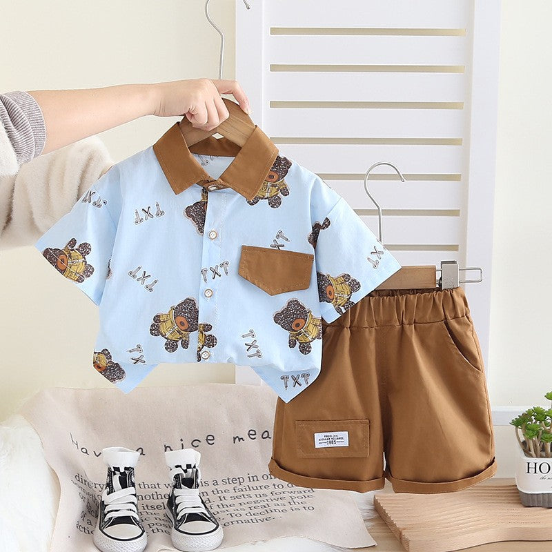 Boys Blue Bear Print Shirt & Brown Shorts Set – Cute Casual Summer Outfit