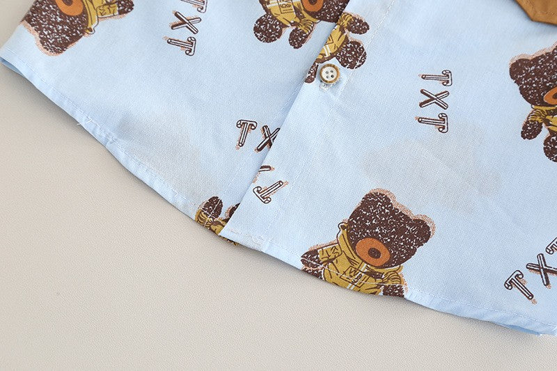 Boys Blue Bear Print Shirt & Brown Shorts Set – Cute Casual Summer Outfit