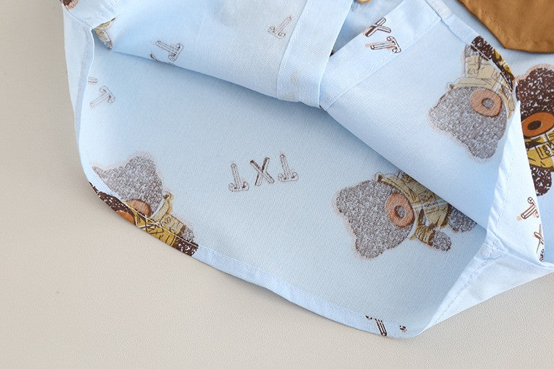 Boys Blue Bear Print Shirt & Brown Shorts Set – Cute Casual Summer Outfit