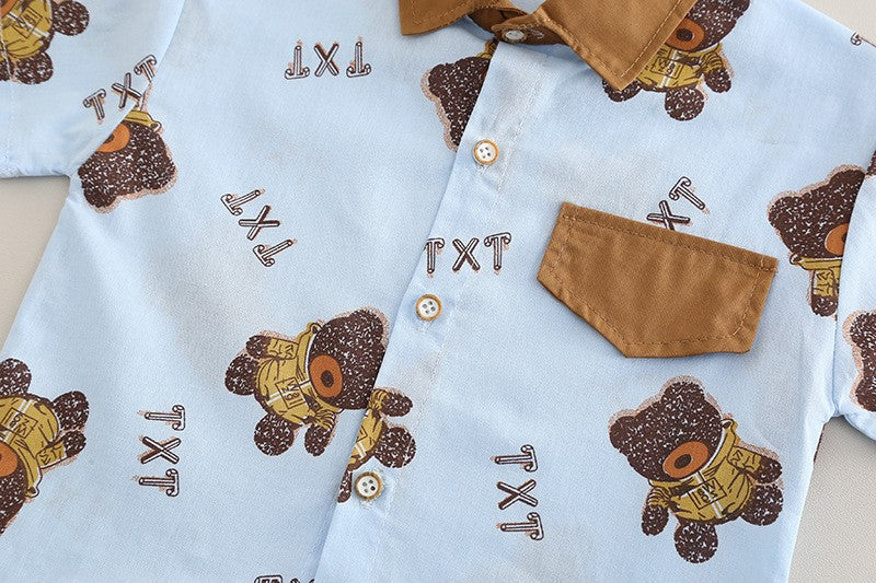 Boys Blue Bear Print Shirt & Brown Shorts Set – Cute Casual Summer Outfit