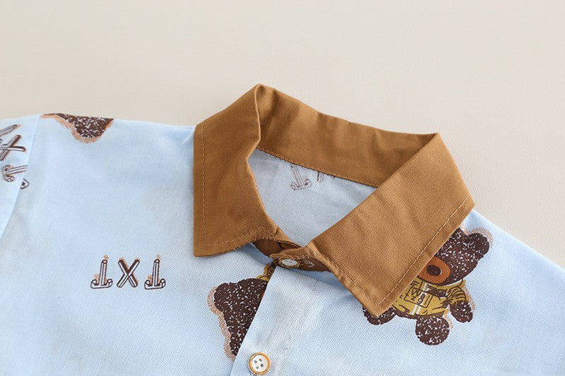 Boys Blue Bear Print Shirt & Brown Shorts Set – Cute Casual Summer Outfit