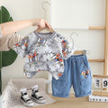 Kids Gray Printed T-Shirt & Light Blue Denim Shorts Set | Cute Cartoon Print Outfit for Boys