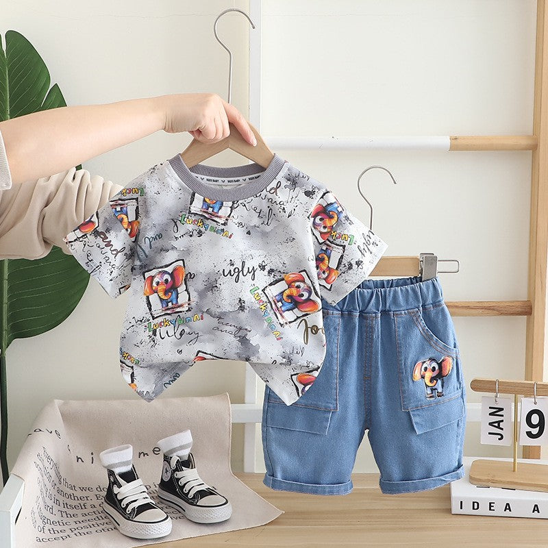 Kids Gray Printed T-Shirt & Light Blue Denim Shorts Set | Cute Cartoon Print Outfit for Boys