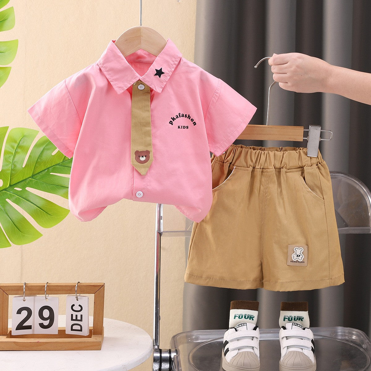 Kids Pink Shirt & Khaki Shorts Set | Cute Bear Tie Print Outfit for Boys