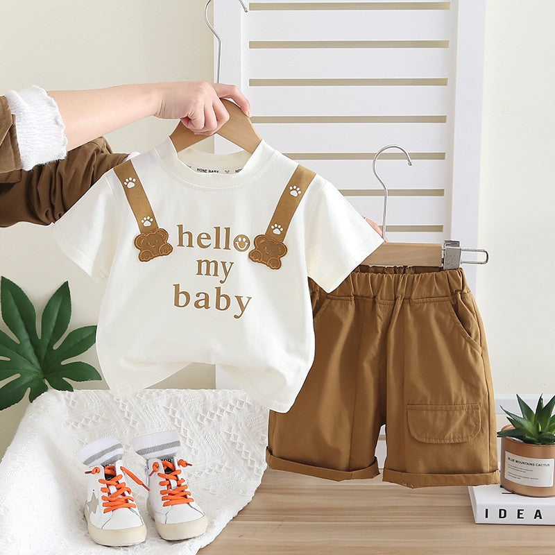 Boys Cute Bear Graphic T-Shirt & Khaki Shorts Set – Adorable Casual Summer Outfit
