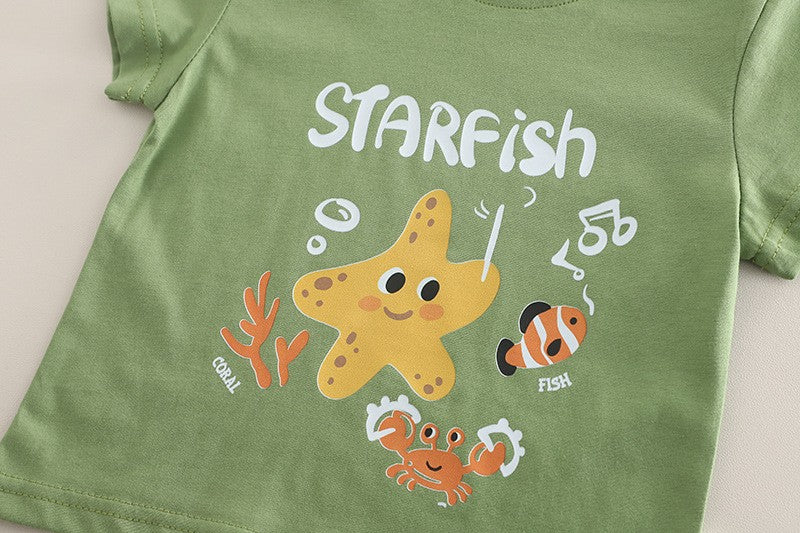 Boys Starfish Ocean Graphic T-Shirt & Khaki Shorts Set – Cute Summer Outfit