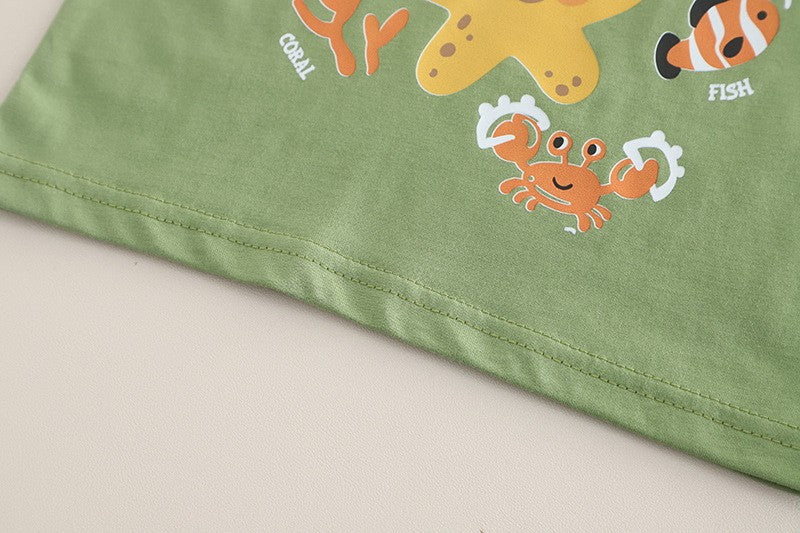 Boys Starfish Ocean Graphic T-Shirt & Khaki Shorts Set – Cute Summer Outfit