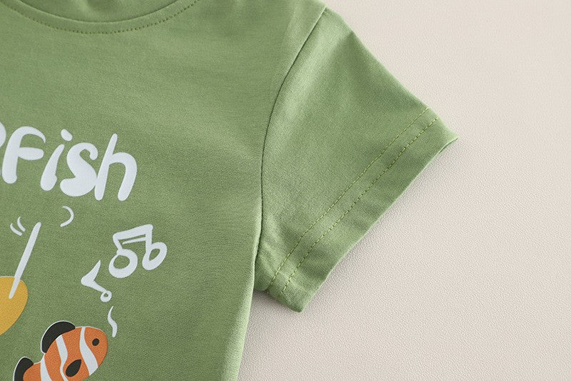 Boys Starfish Ocean Graphic T-Shirt & Khaki Shorts Set – Cute Summer Outfit