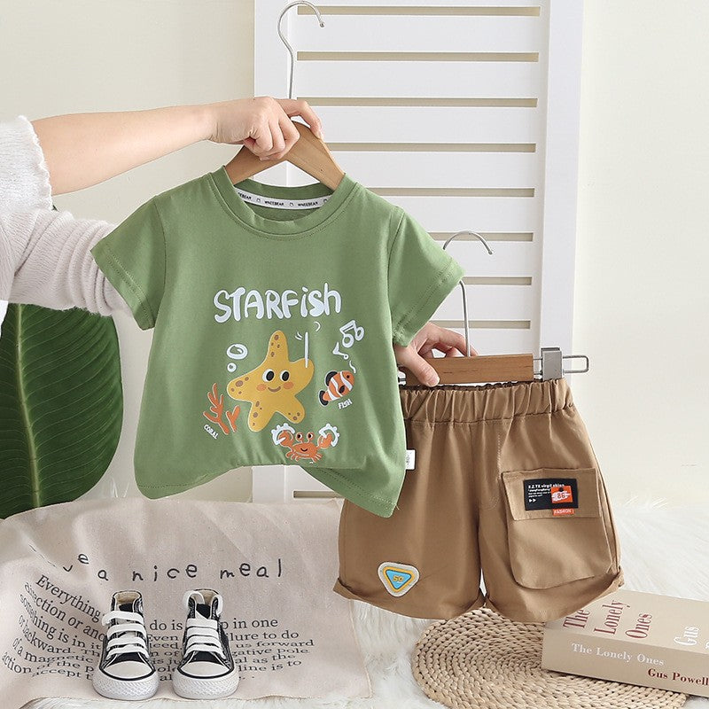 Boys Starfish Ocean Graphic T-Shirt & Khaki Shorts Set – Cute Summer Outfit