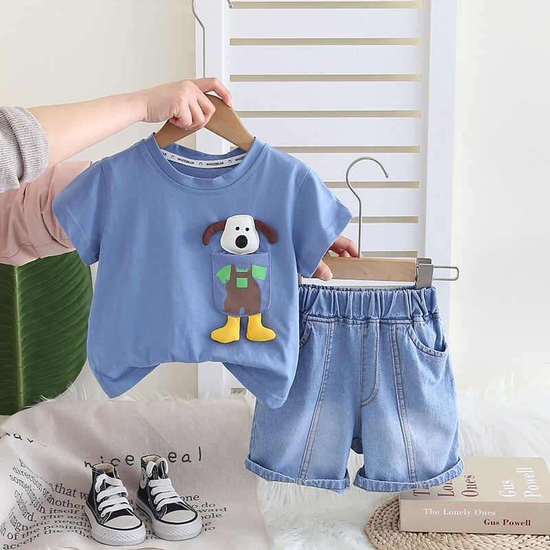 Kids Blue T-Shirt & Light Blue Denim Shorts Set | Cute Dog Character Print Outfit for Boys