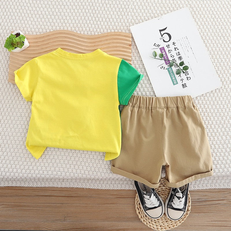 Boys Cartoon Animal Yellow T-Shirt & Khaki Shorts Set – Cute Casual Summer Outfit