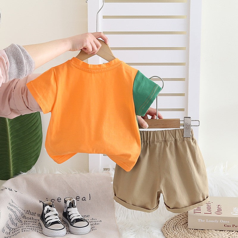 Boys Cartoon Animal Orange T-Shirt & Khaki Shorts Set – Cute Casual Summer Outfit
