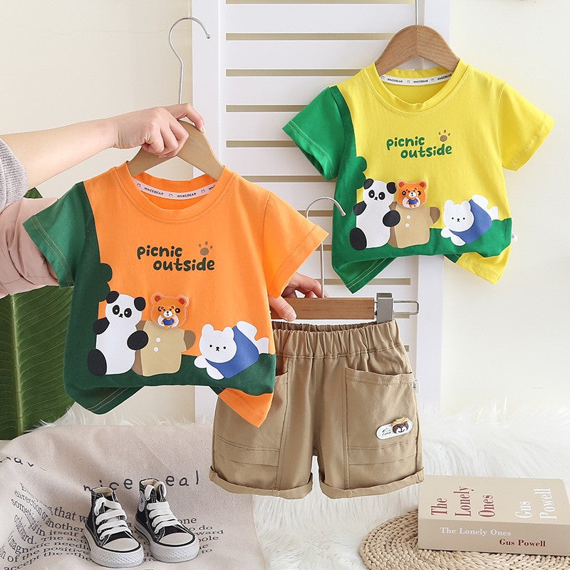 Boys Cartoon Animal Orange T-Shirt & Khaki Shorts Set – Cute Casual Summer Outfit