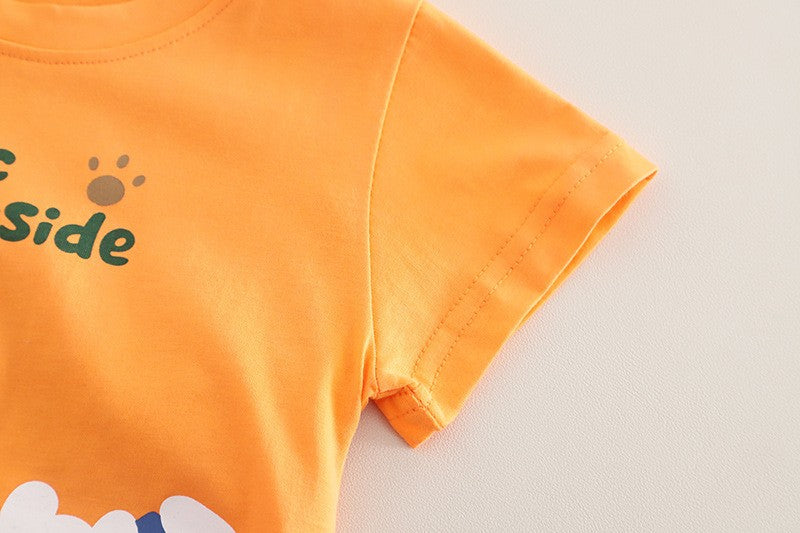 Boys Cartoon Animal Orange T-Shirt & Khaki Shorts Set – Cute Casual Summer Outfit
