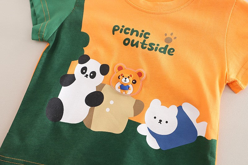 Boys Cartoon Animal Orange T-Shirt & Khaki Shorts Set – Cute Casual Summer Outfit