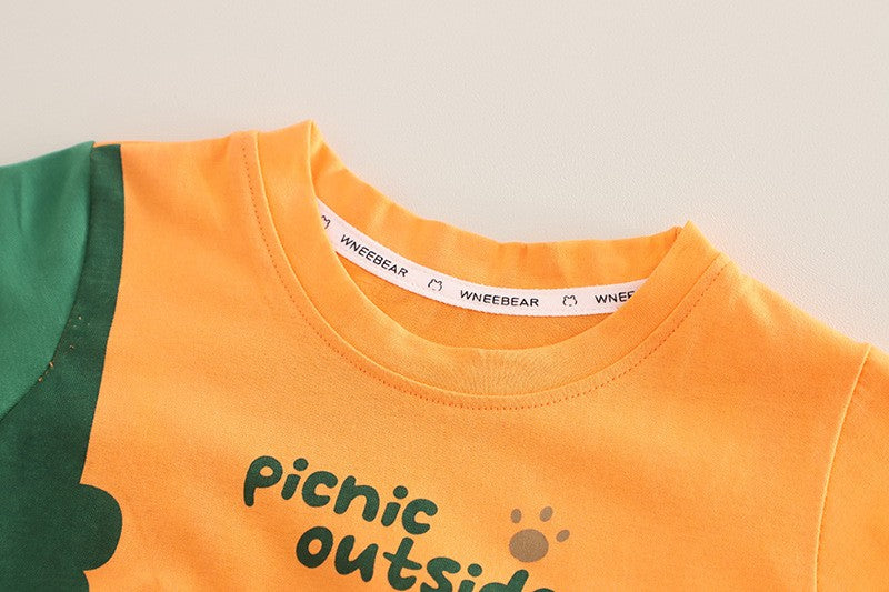 Boys Cartoon Animal Orange T-Shirt & Khaki Shorts Set – Cute Casual Summer Outfit