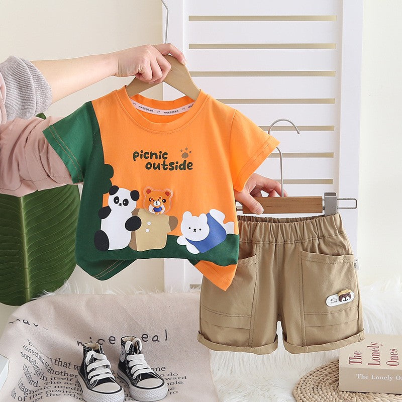 Boys Cartoon Animal Orange T-Shirt & Khaki Shorts Set – Cute Casual Summer Outfit