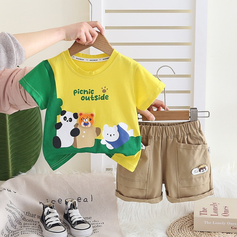 Boys Cartoon Animal Yellow T-Shirt & Khaki Shorts Set – Cute Casual Summer Outfit